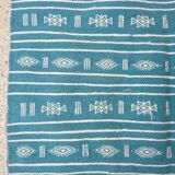 Hand-woven blue and white kilim rug in natural wool