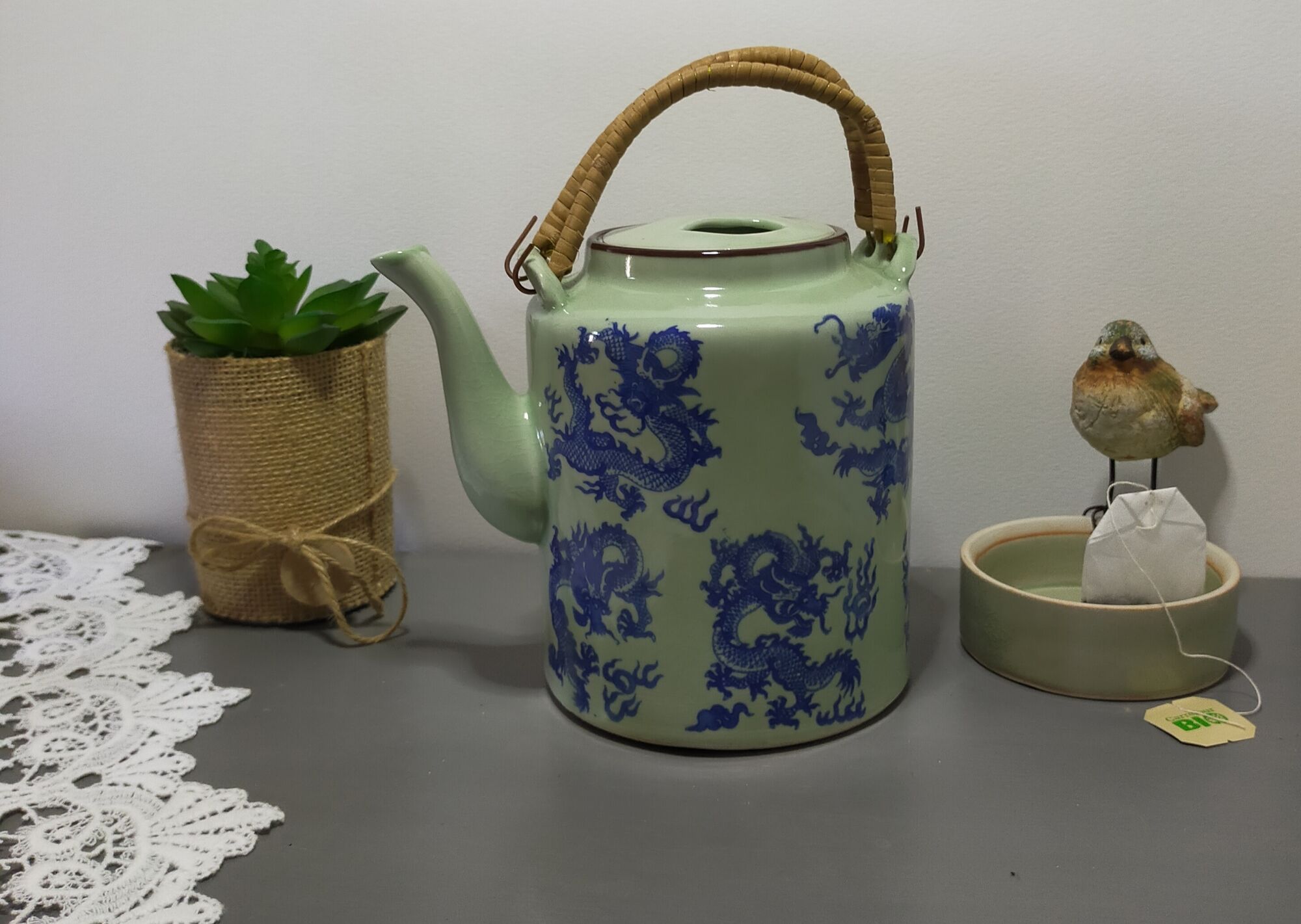 rare green celadon teapot ancient dragons or phoenix decoration with glaze and wicker handles signed /th