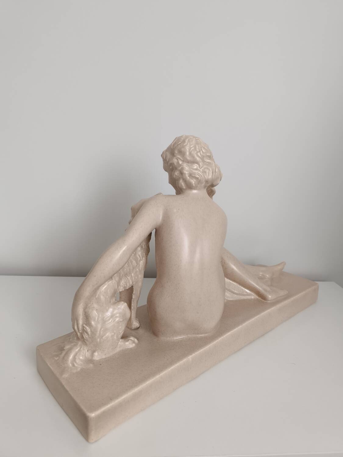 Nude Woman and Her Dog (Greyhound) - Beige Ceramic Statue - Signed Charles Lemanceau - 1930