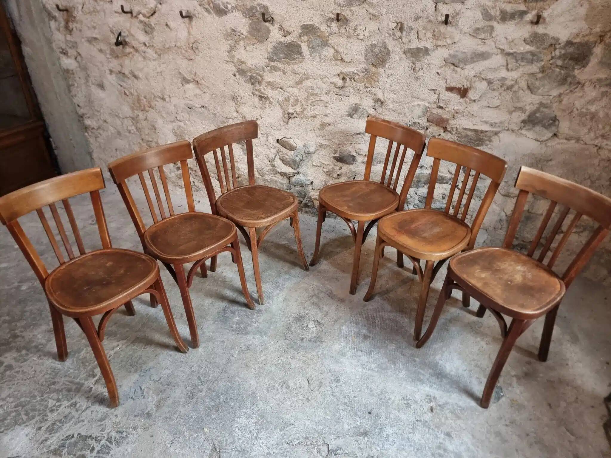 Lot de 6 chaises bistrot françaises vintage Baumann – Assise en hêtre massif, années 1930 – Design français classique