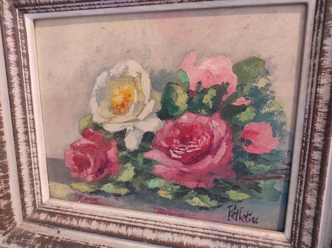 French vintage floral oil painting, signed Pelletier