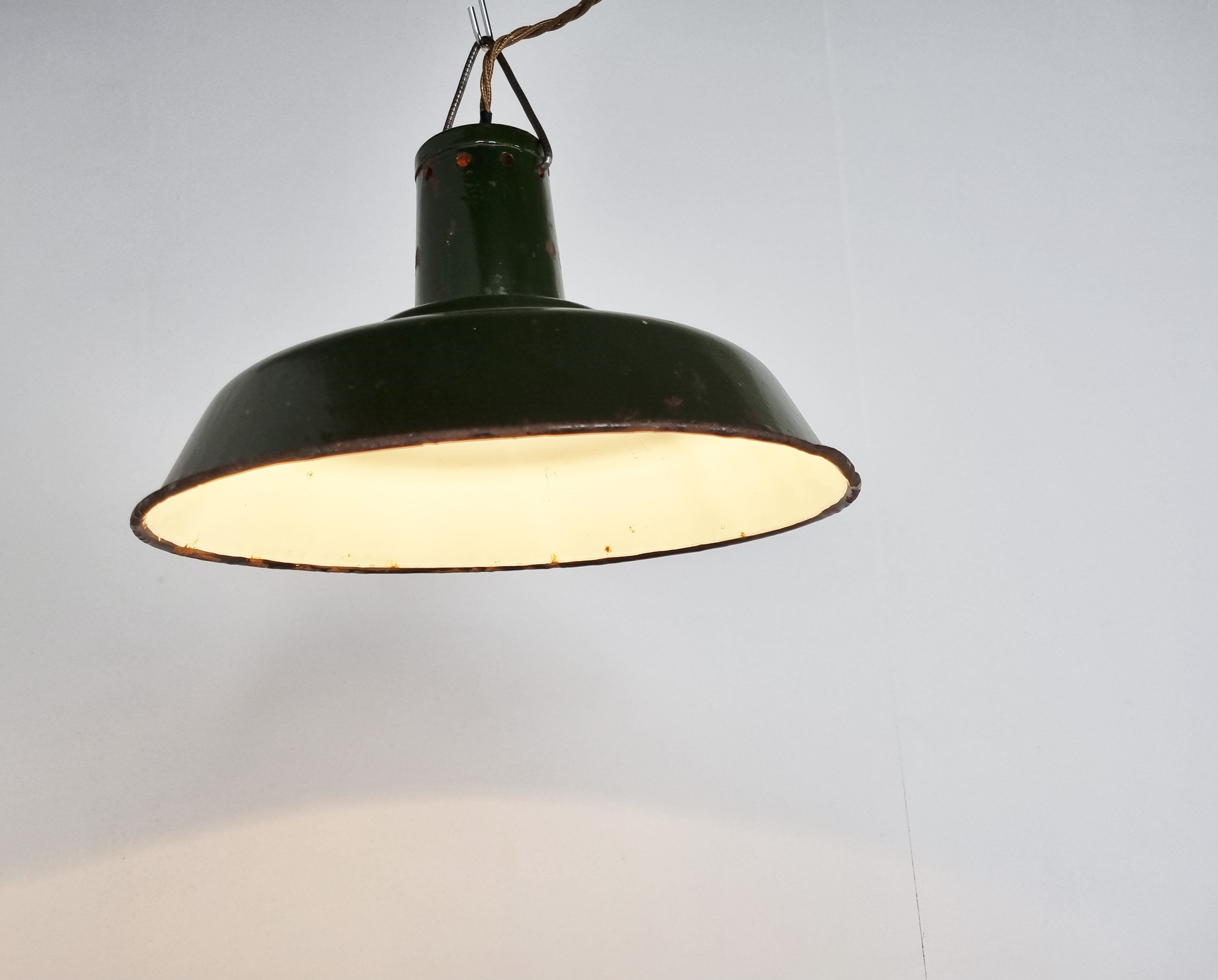 Vintage dark green enamel industrial pendant lights, 1960s