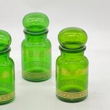 Series of 4 vintage green glass jars, Belgium,