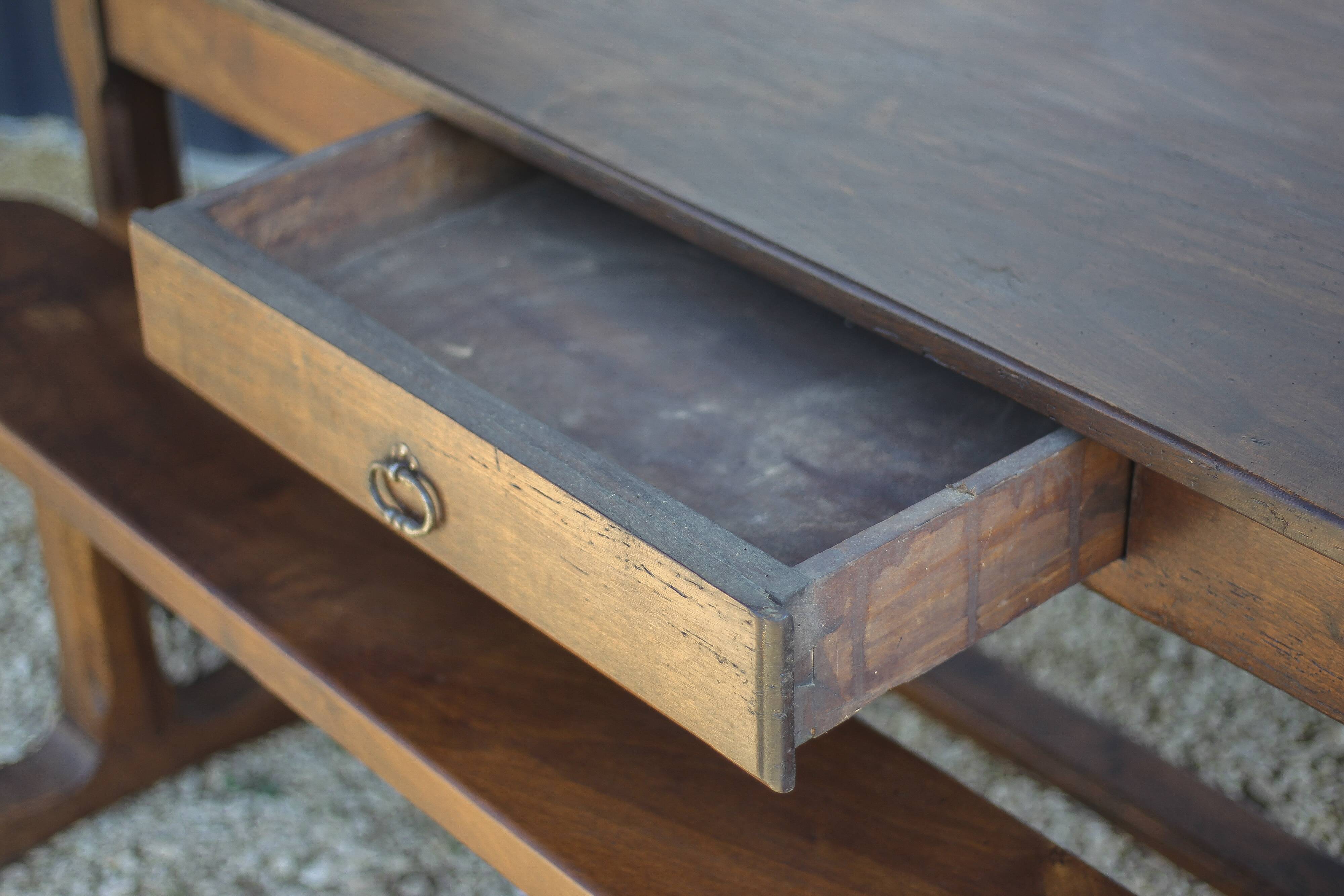 Farmhouse table and two benches, antique wooden farmhouse table, living room furniture, country style, chalet style, decor