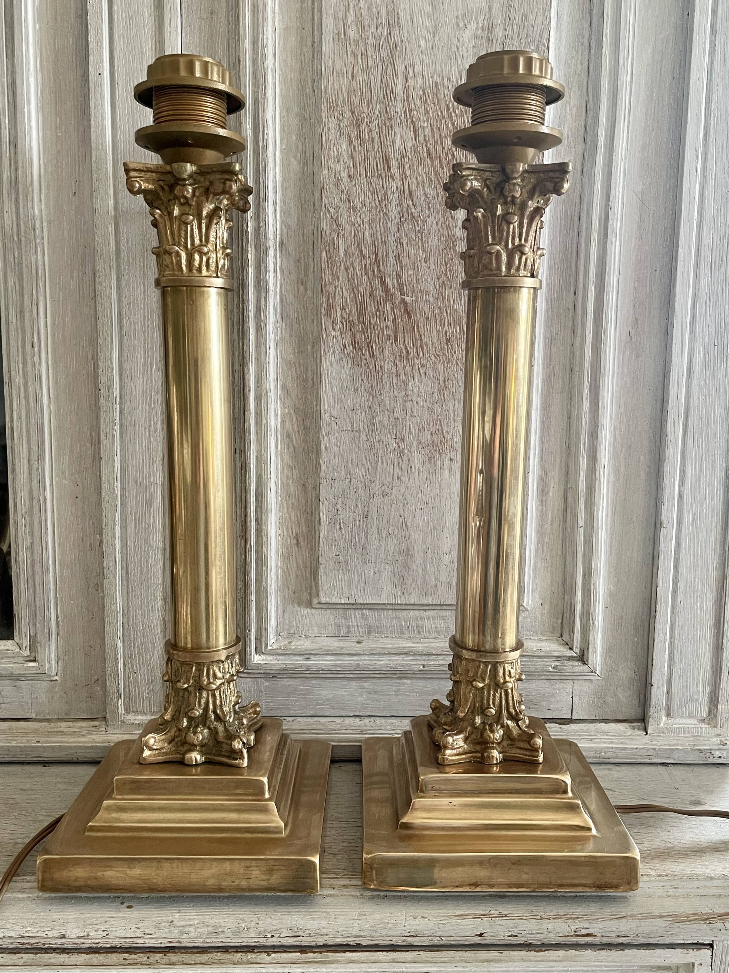 Pair of brass and bronze column lamp 44cm