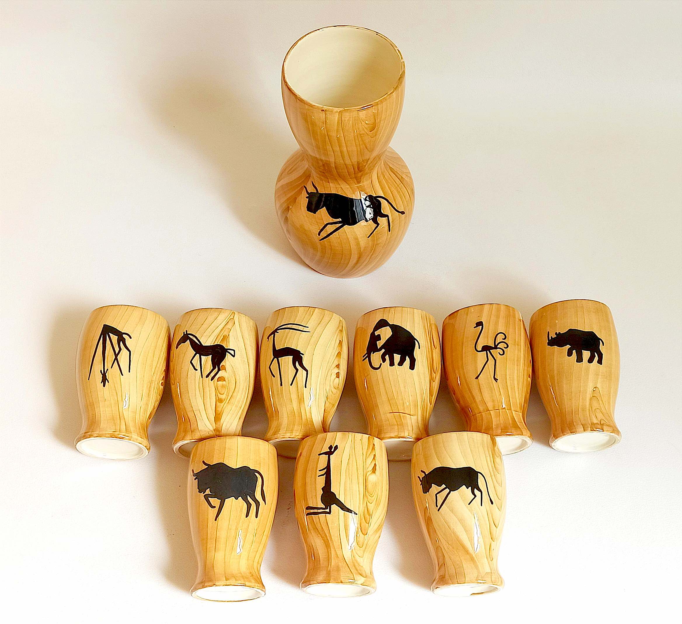 Service à orangeade 9 verres 1 pichet Grandjean Jourdan Vallauris thème Savane africaine Années 50