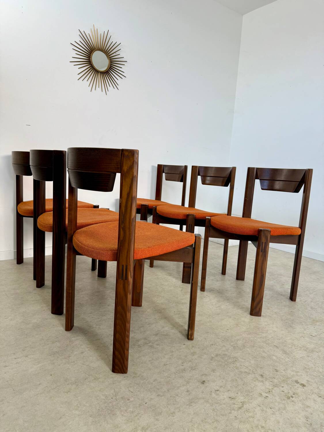 Set of 6 Girsberger Scandinavian style chairs from the 70s, vintage, solid wood, original fabric