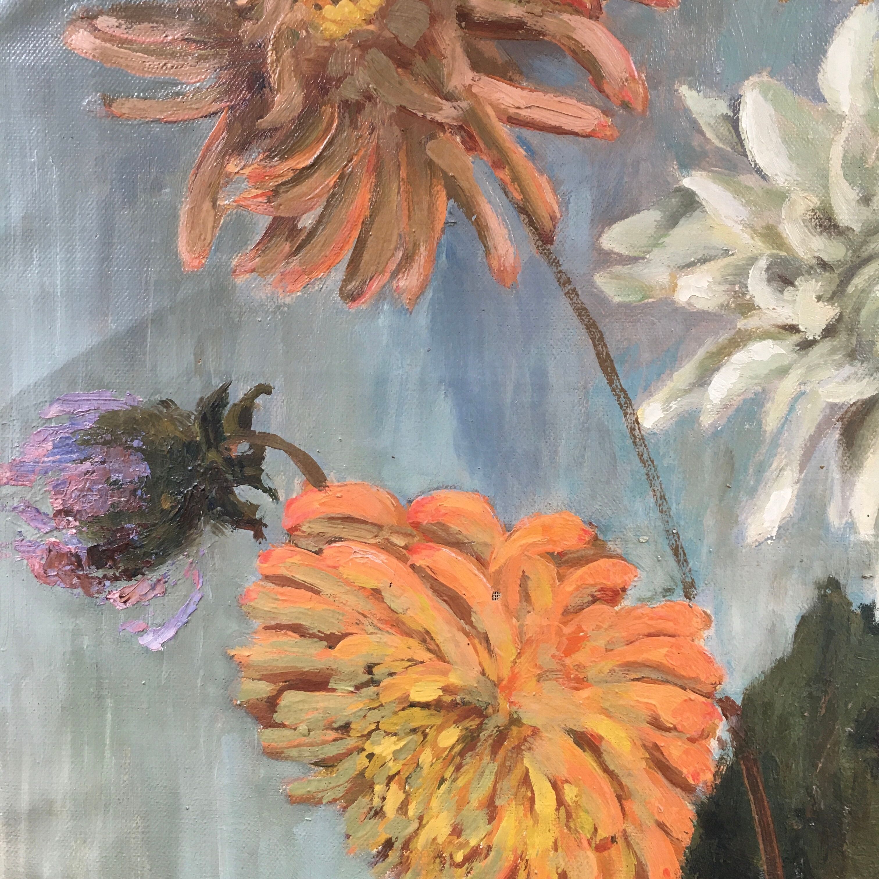 Ancient painting bouquet of dahlias