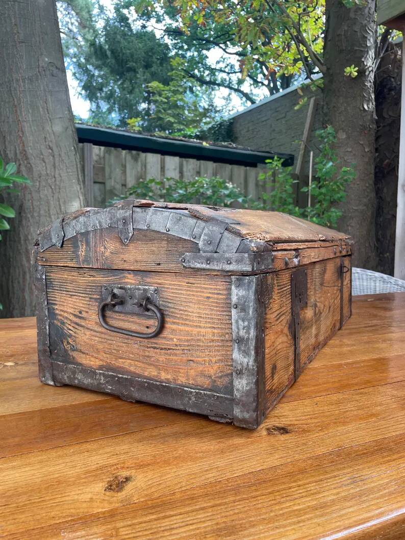 Antique French Wood Iron and Hide Handmade Wood Chest or Trunk