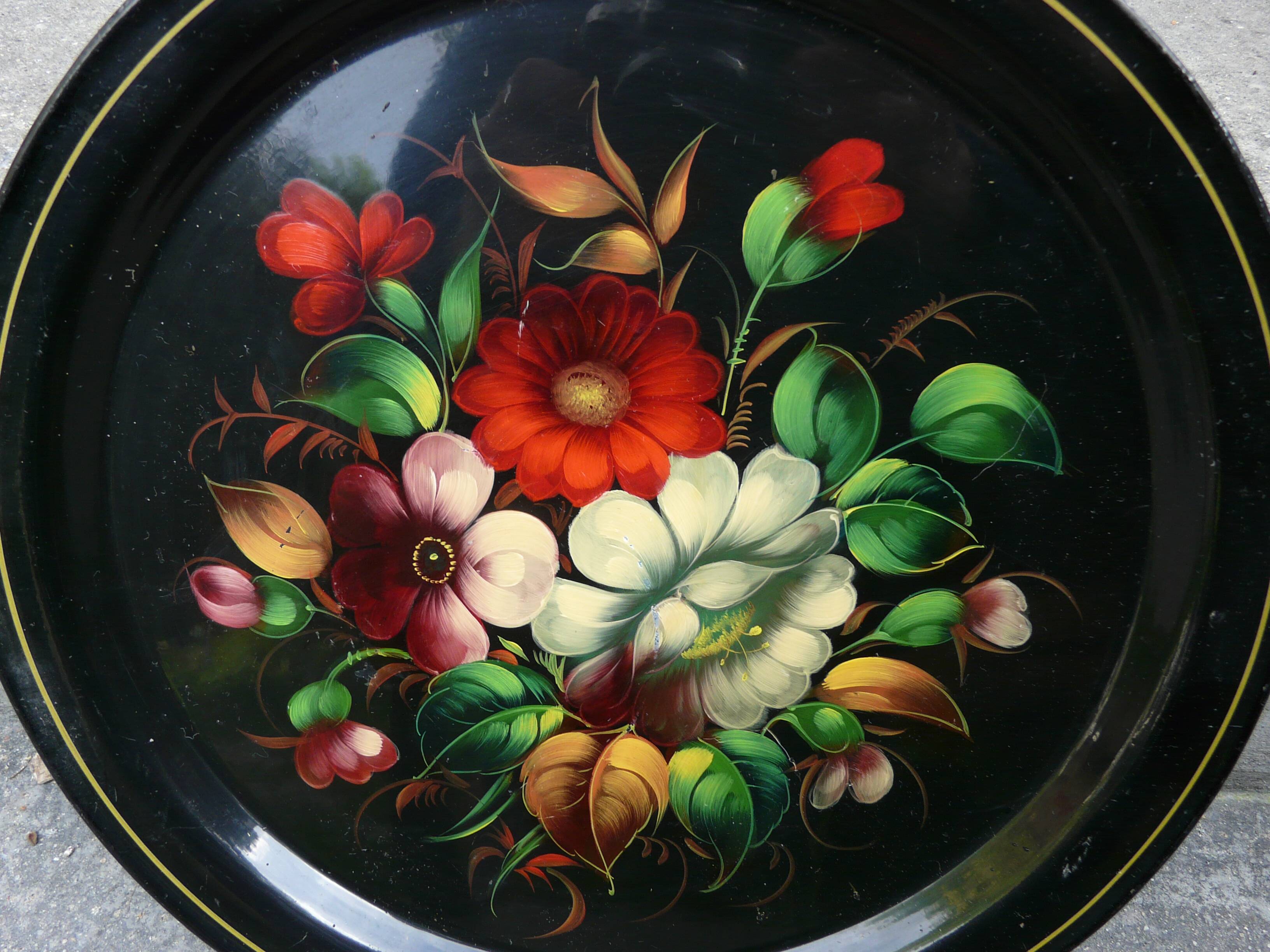 metal tray Russian art flower decor
