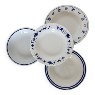 4 assiettes creuses vintage dépareillées en porcelaine bleue et blanche