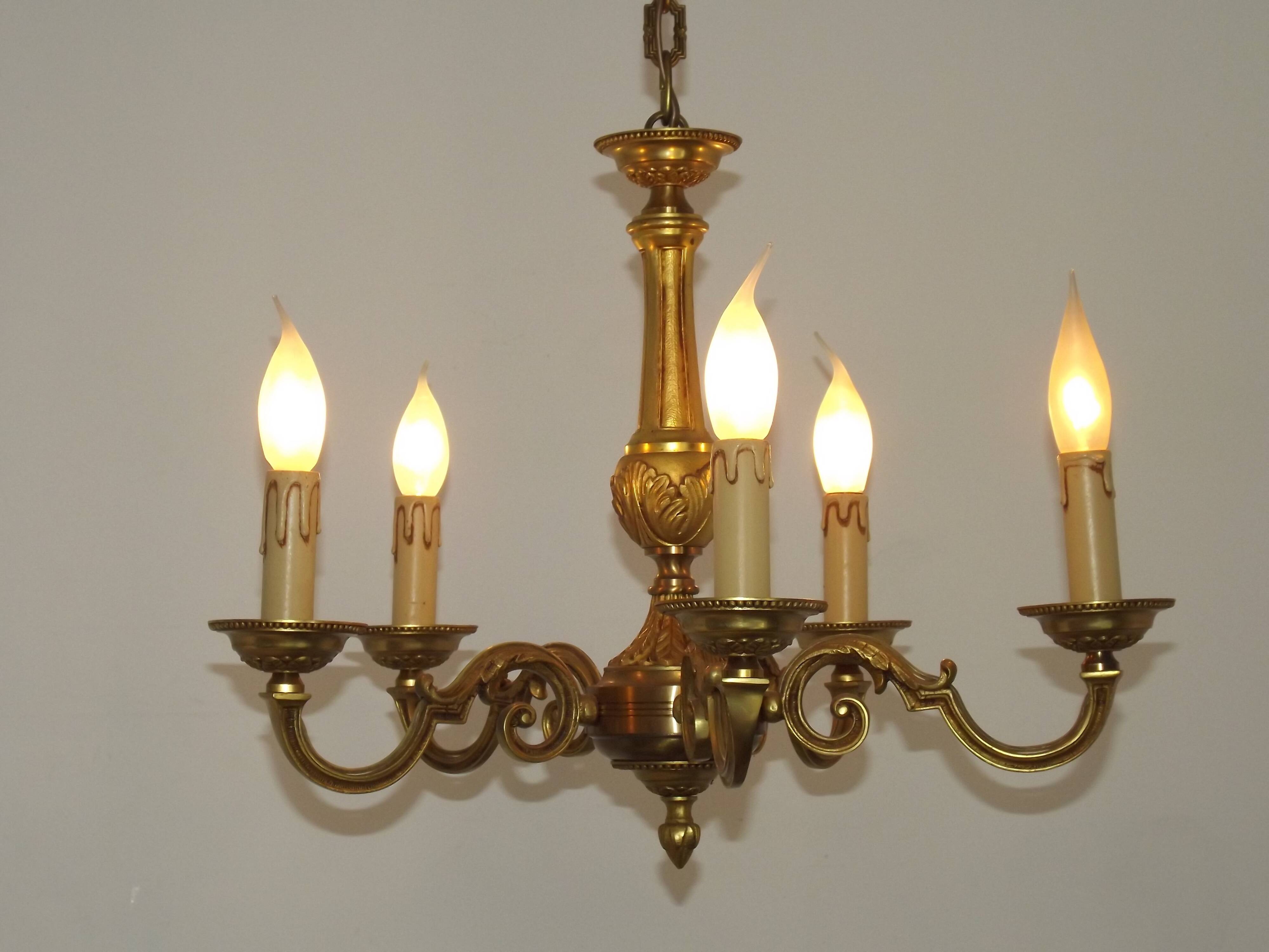 French Vintage Mid-Century Bronze 5-Light Traditional Style Chandelier