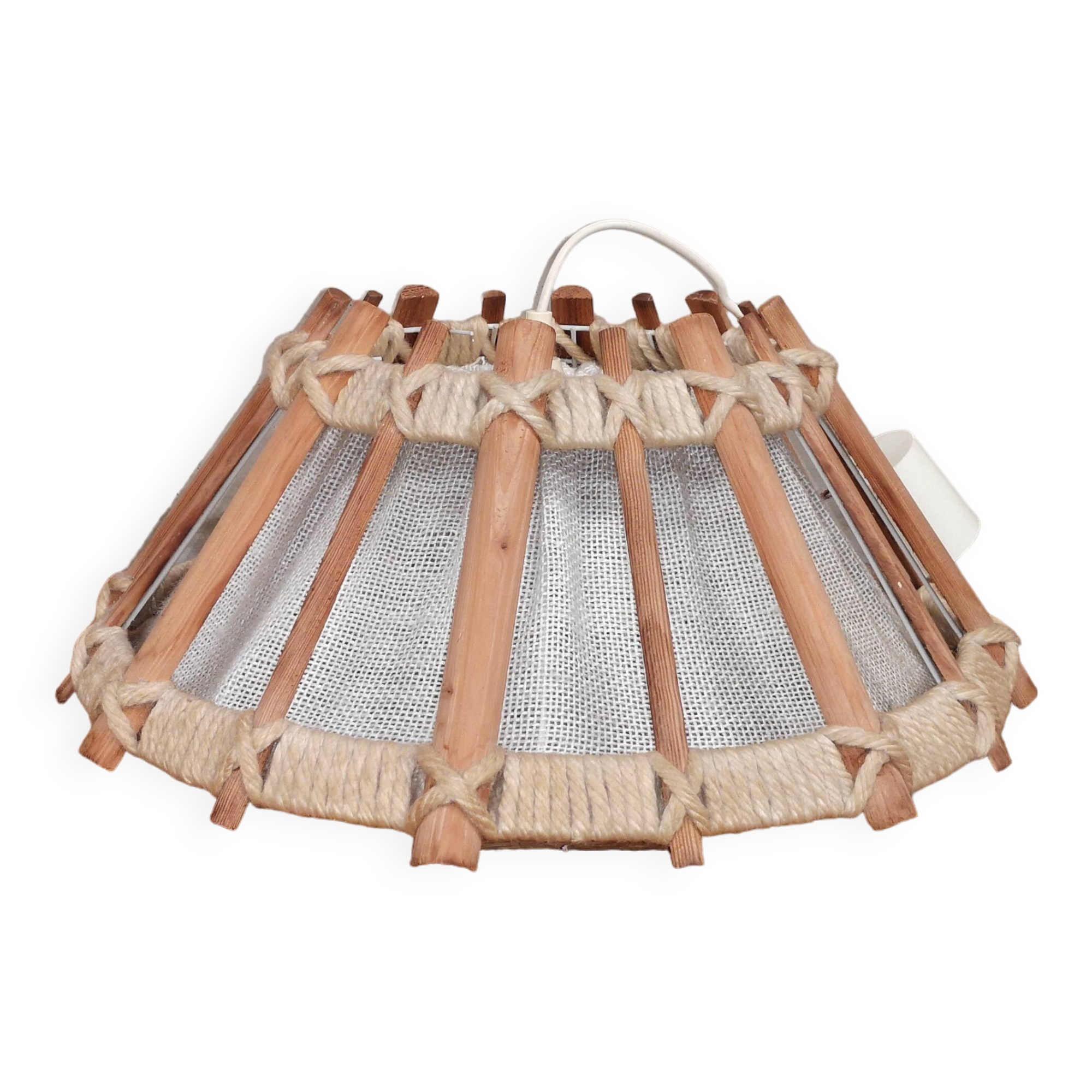 Lustre suspension bois et tissus scandinave vintage 1960 1970