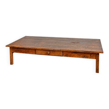 Table basse vintage en chêne surdimensionnée avec deux tiroirs