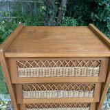 Chiffonnier vintage en rotin et pieds compas 1950