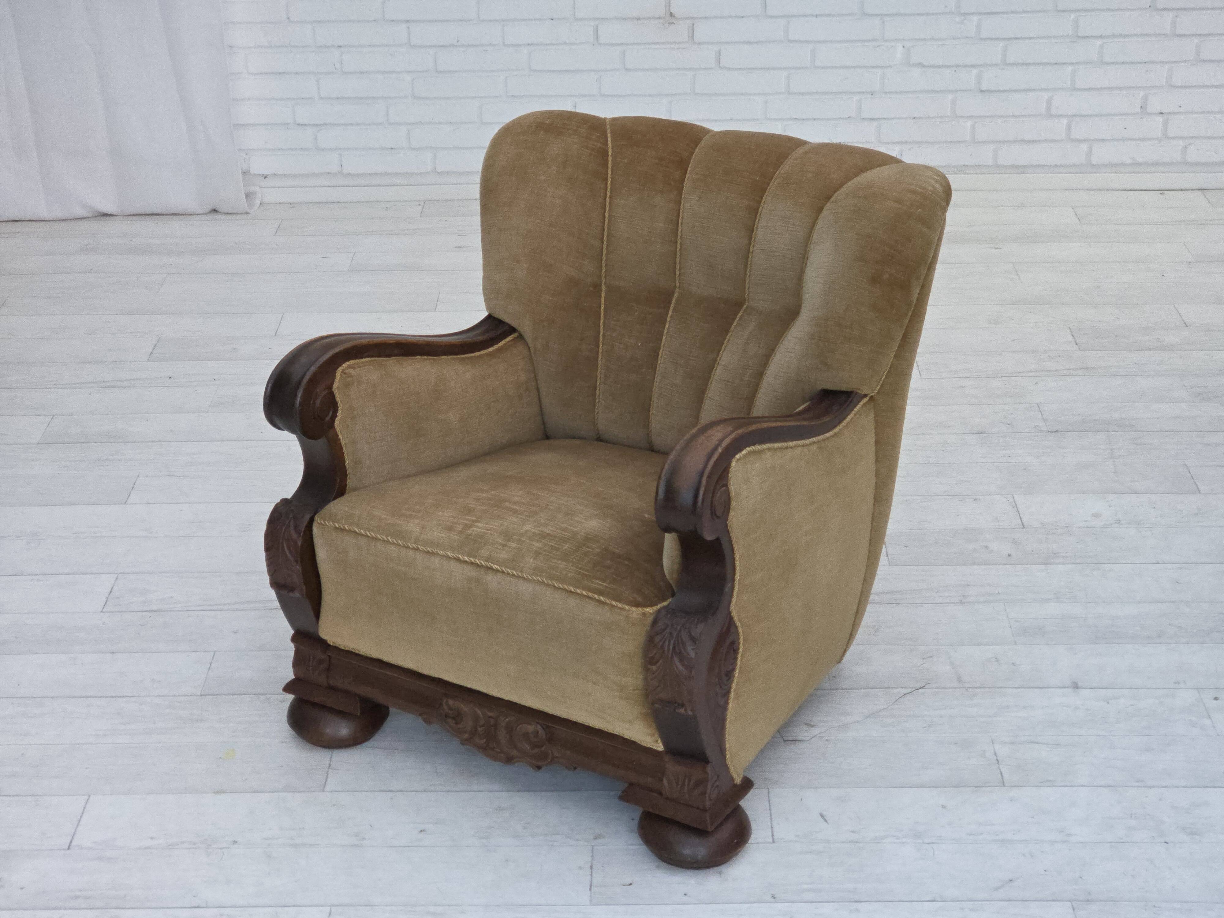 1960s, Danish armchair, original green furniture velour, carved oak wood.