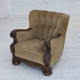 1960s, Danish armchair, original green furniture velour, carved oak wood.