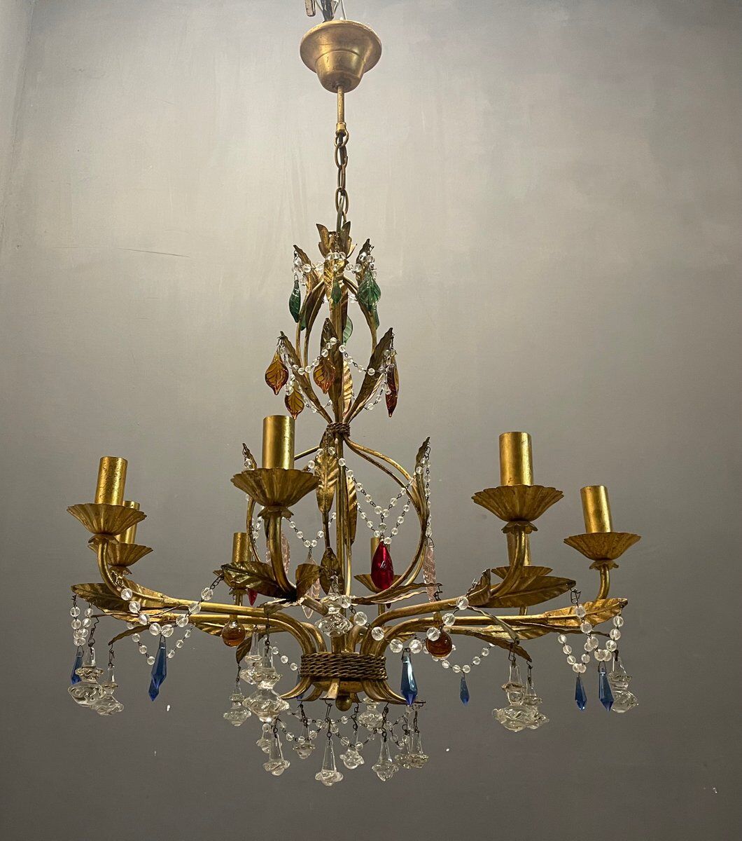 Italian Florentine Gold Gilded Murano Glass Chandelier