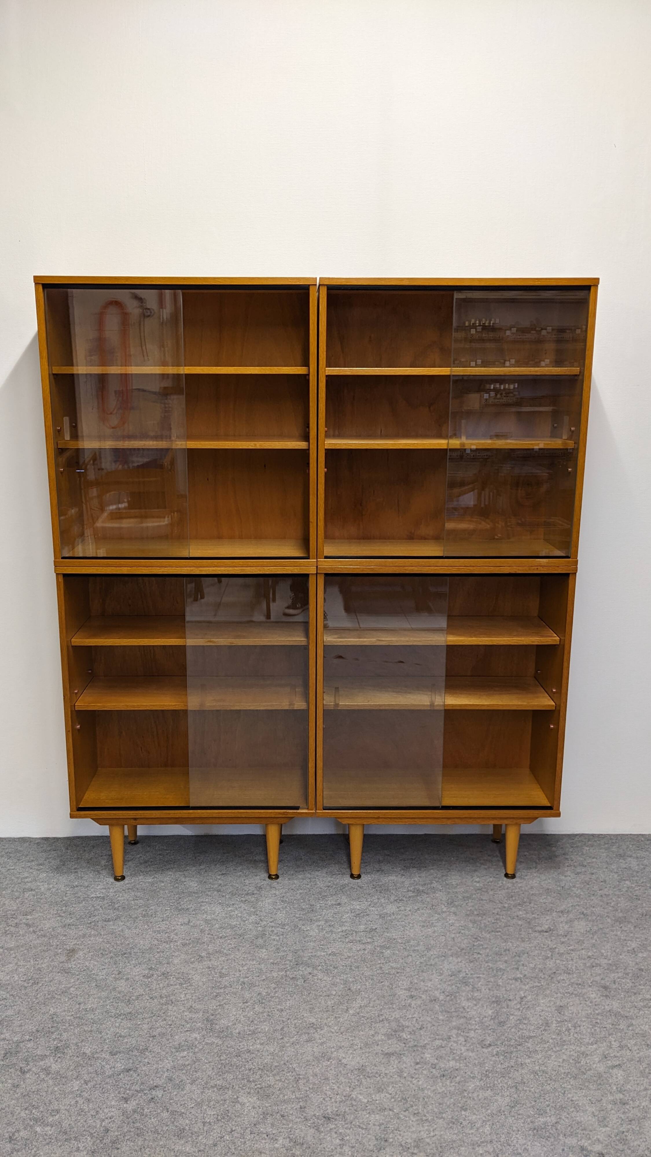Library or display cabinet with 4 modules in light oak, France around 1960.