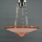 Suspension Art Déco moderniste en verre rose et bronze chromé, par Henry Petitot, 1935