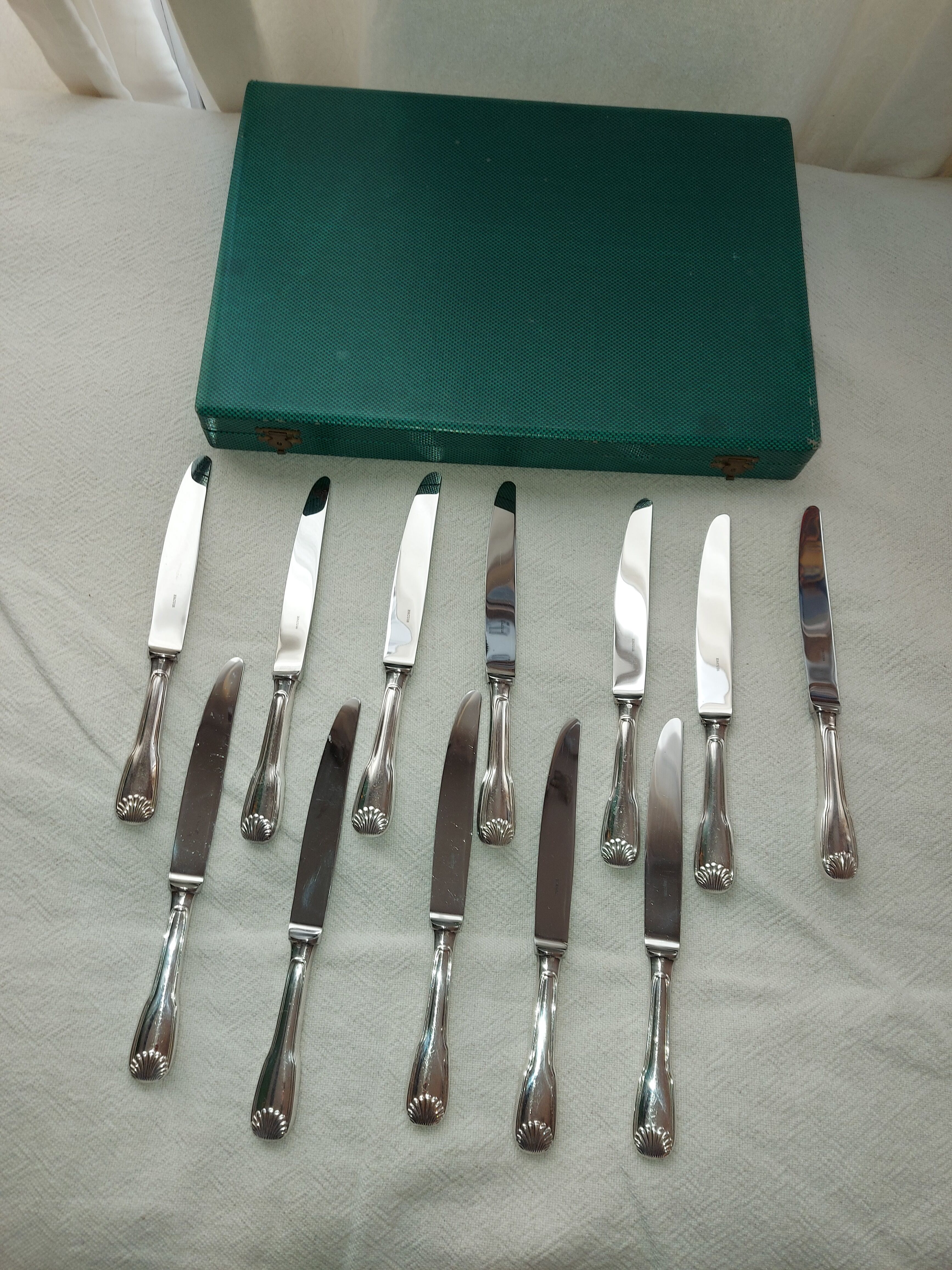 12 Silver Metal Ercuis Table Knives Box