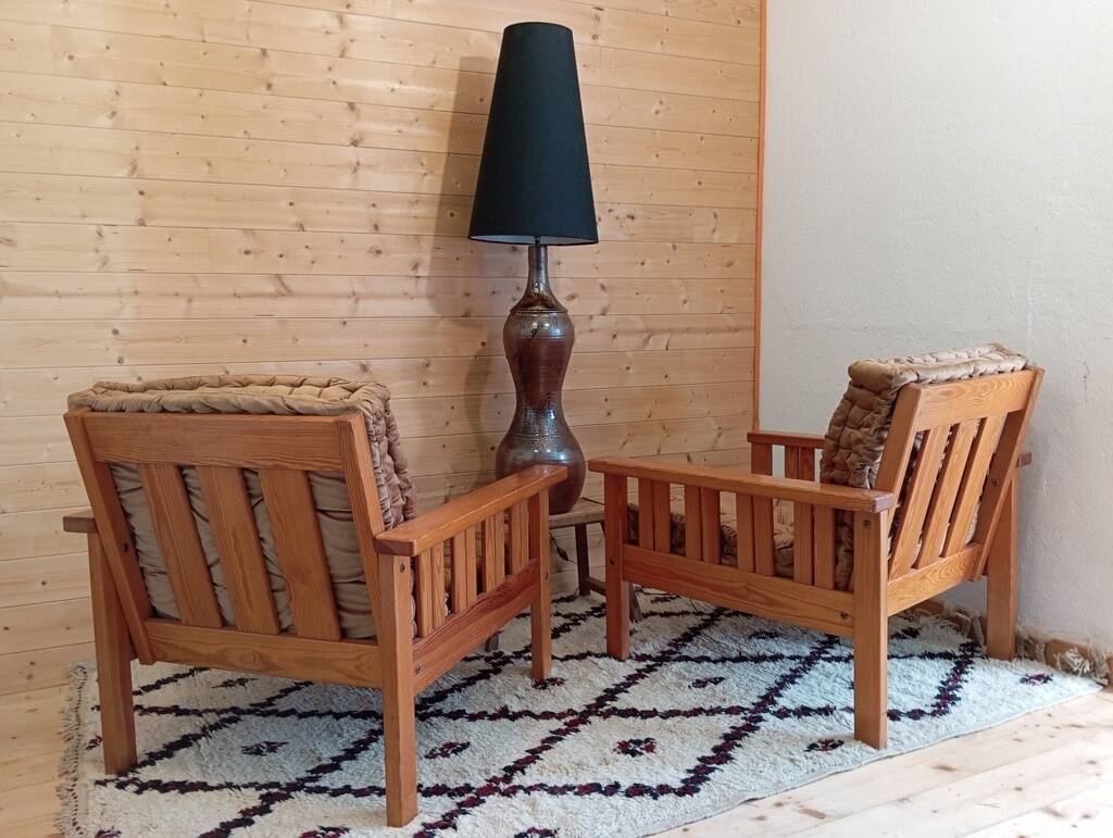 Pair of 70s pine armchairs