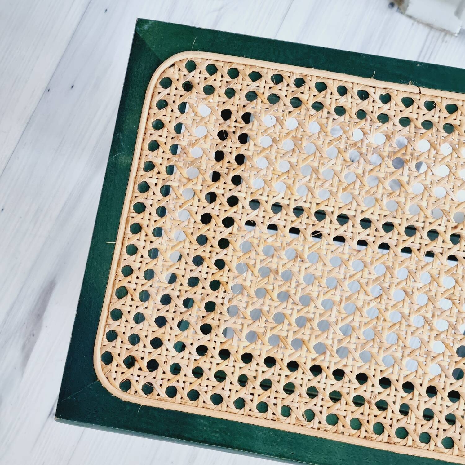 Small folding stool in green wood and cane