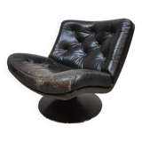 Vintage Dutch design black leather swivel chair Geoffrey Harcourt Artifort