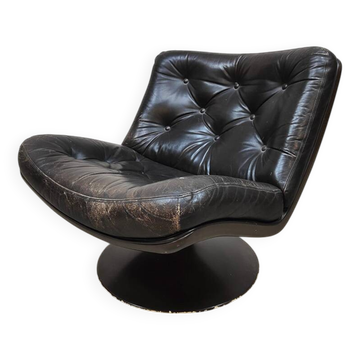 Vintage swivel chair in black leather with Dutch design by Geoffrey Harcourt Artifort.