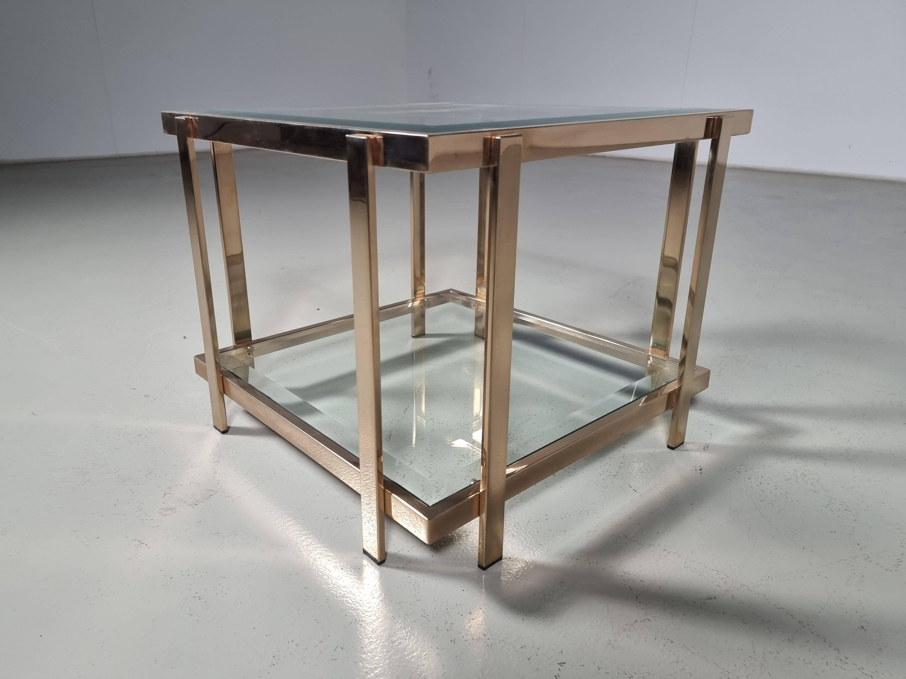 Square side table with two levels in modern Regency style, veneered in 23-carat gold by Belgo Chrom.
