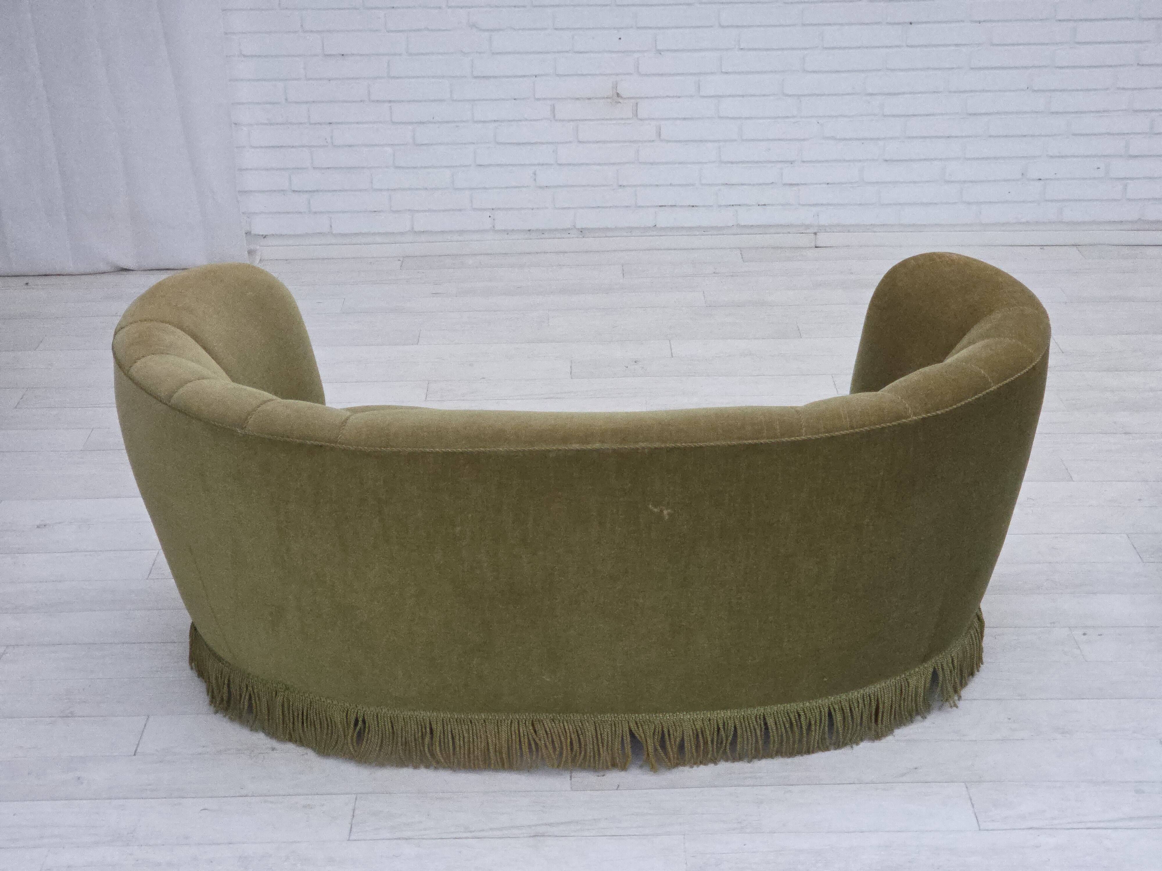 1960s, Danish 2-seater "Banana" sofa, original green furniture velour.