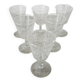 6 Anciens Verres à Pied Motif Arabesques Blanches H 11 cm