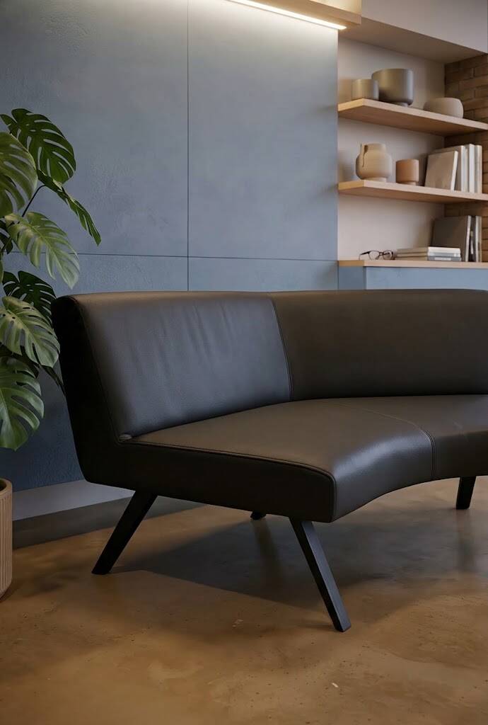 2-seater bench in black leather/PU with wooden legs