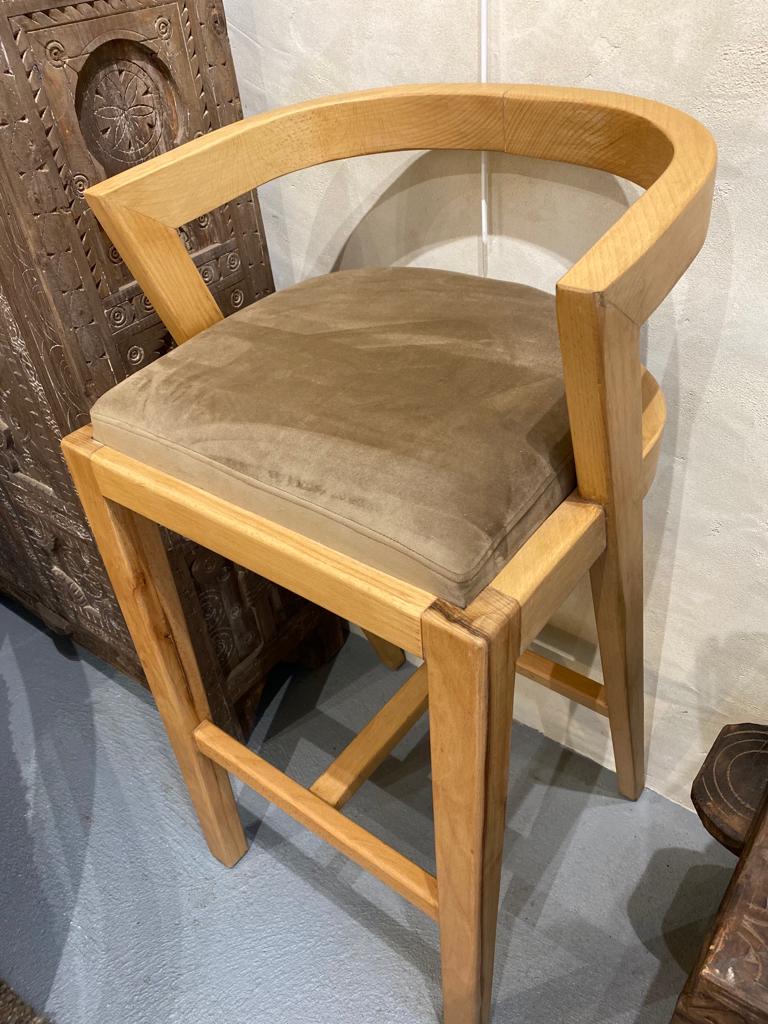 Wooden stool, beige velvet