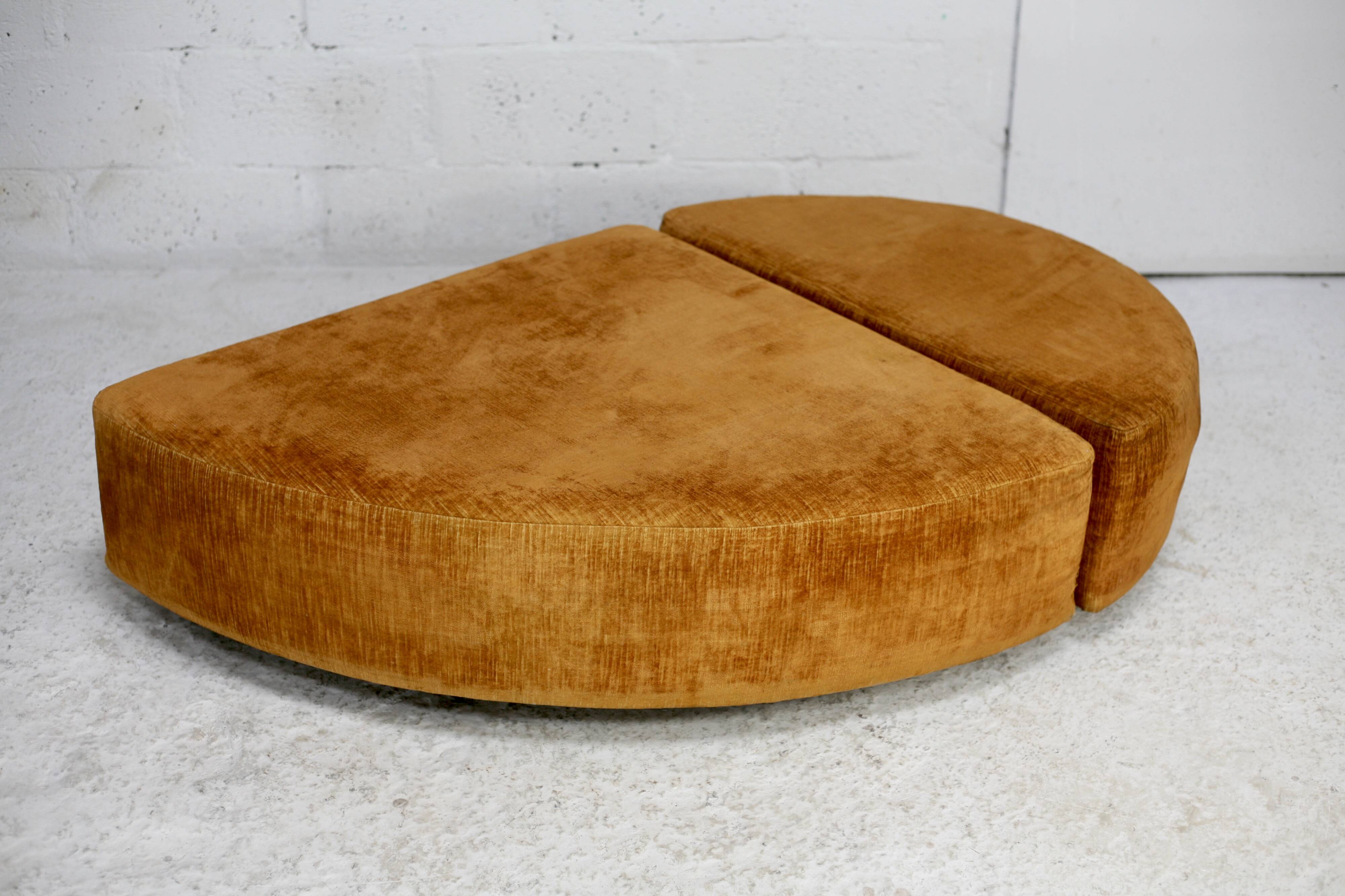 Pair of “tawny” velvet seats. Foam, wood, velvet. Circa 1970