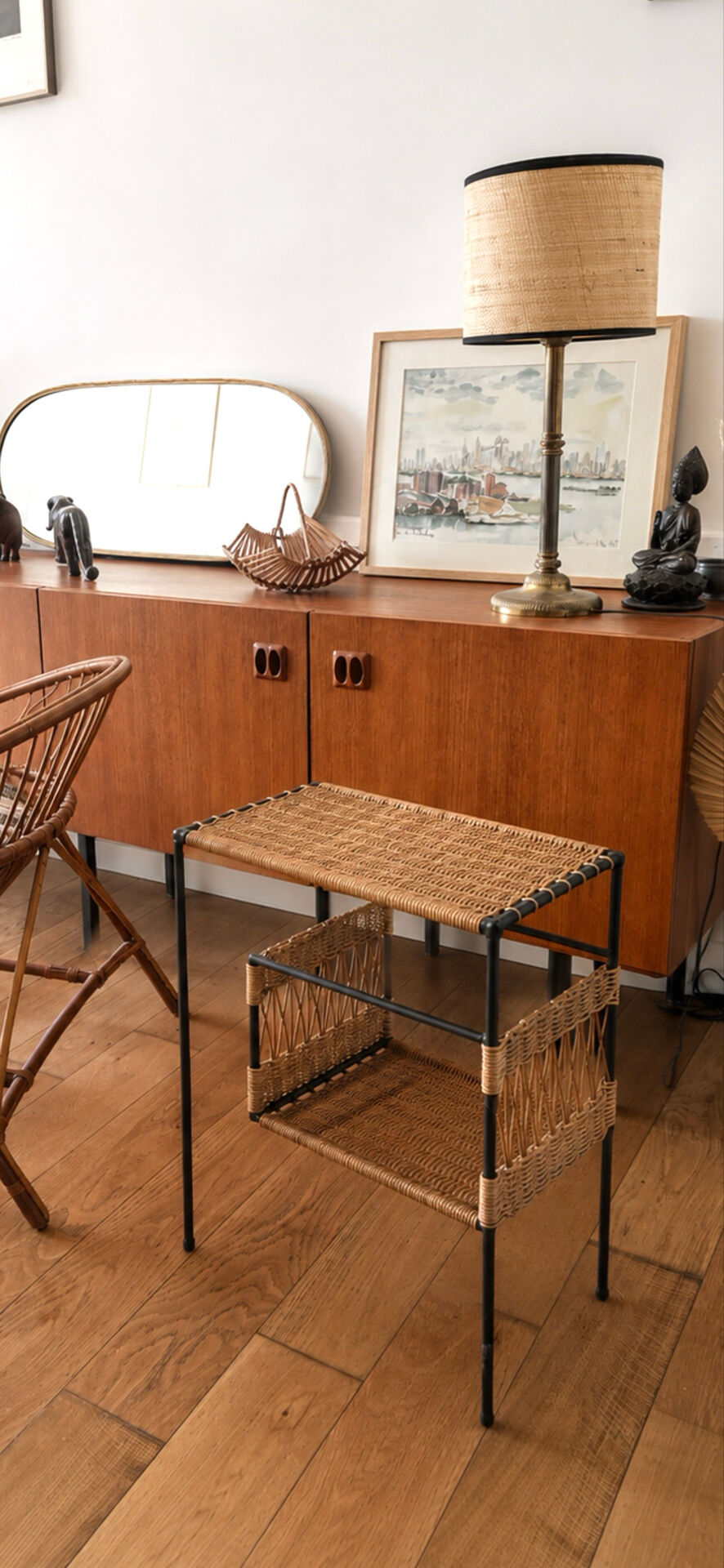 Metal and woven wicker side table – 1970s/80s