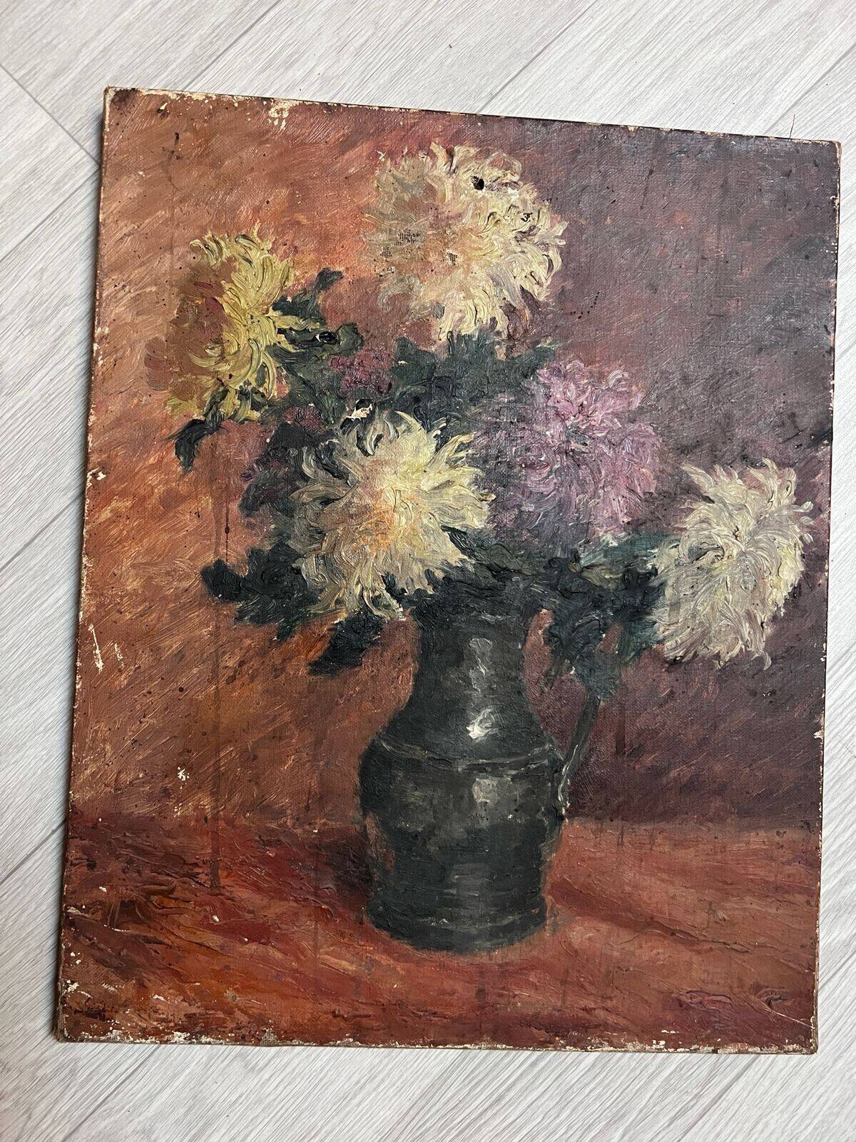 Still life painting, flowers, vase signed - Original antique