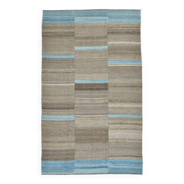 Tapis Kilim bleu marron fait main 6x10, 190x308 cm