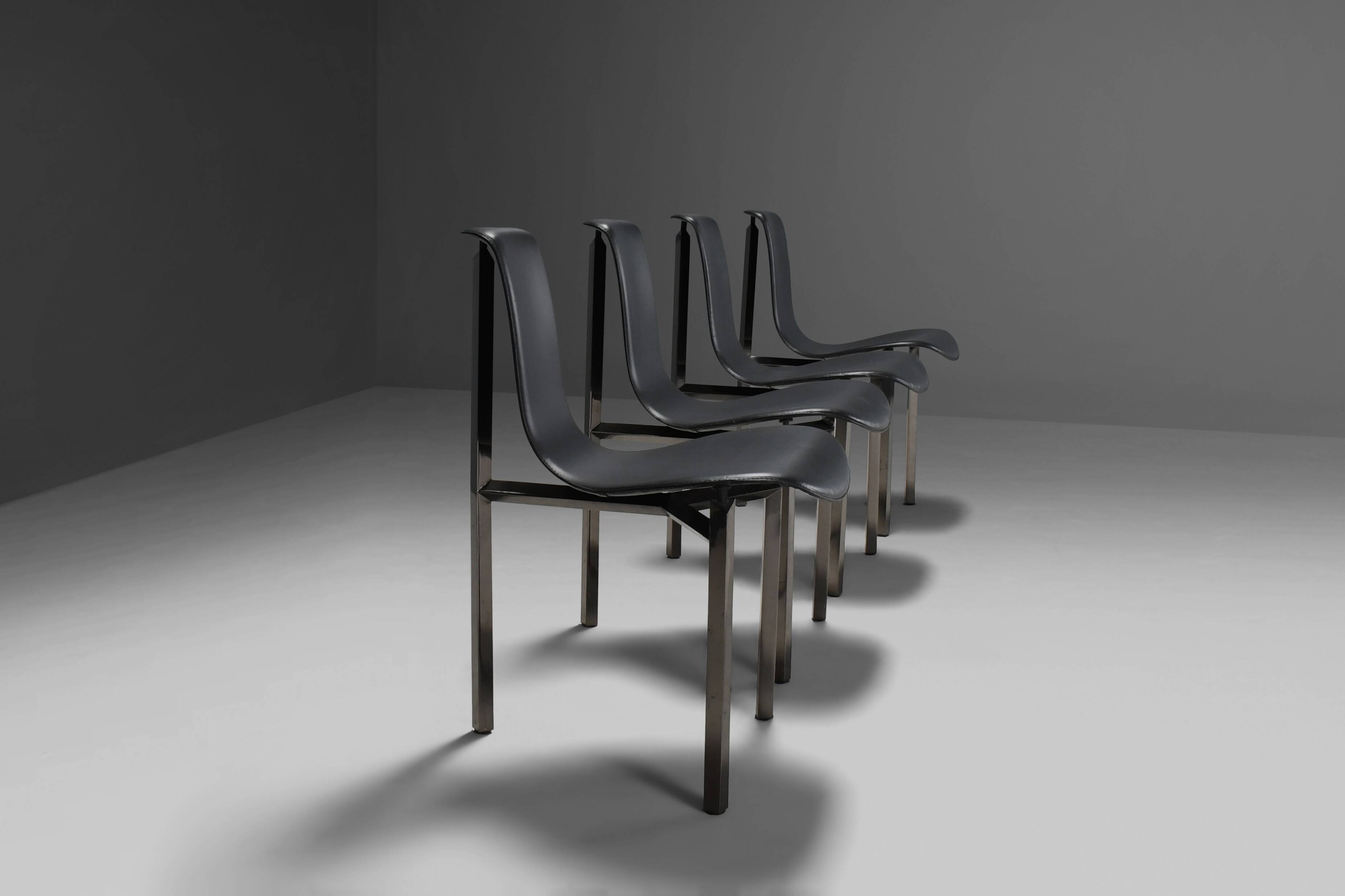 Leather Three-Legged Chairs with Chrome Finishes, Italy, 1970s