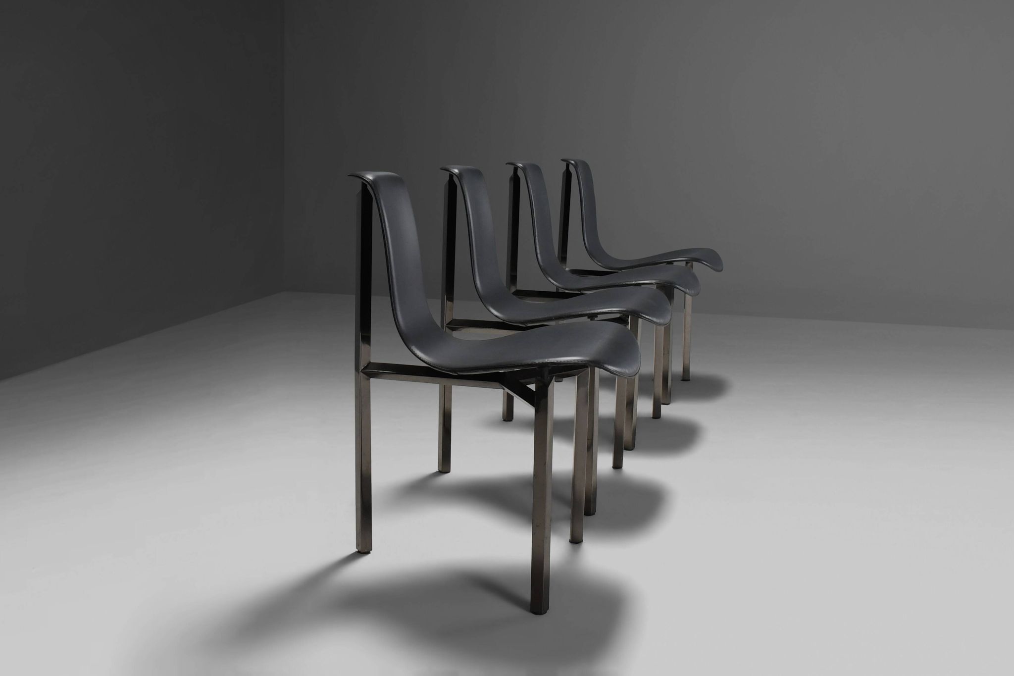 Leather Three-Legged Chairs with Chrome Finishes, Italy, 1970s