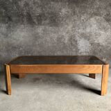 Table basse en bois claire et verre fumé, années 80