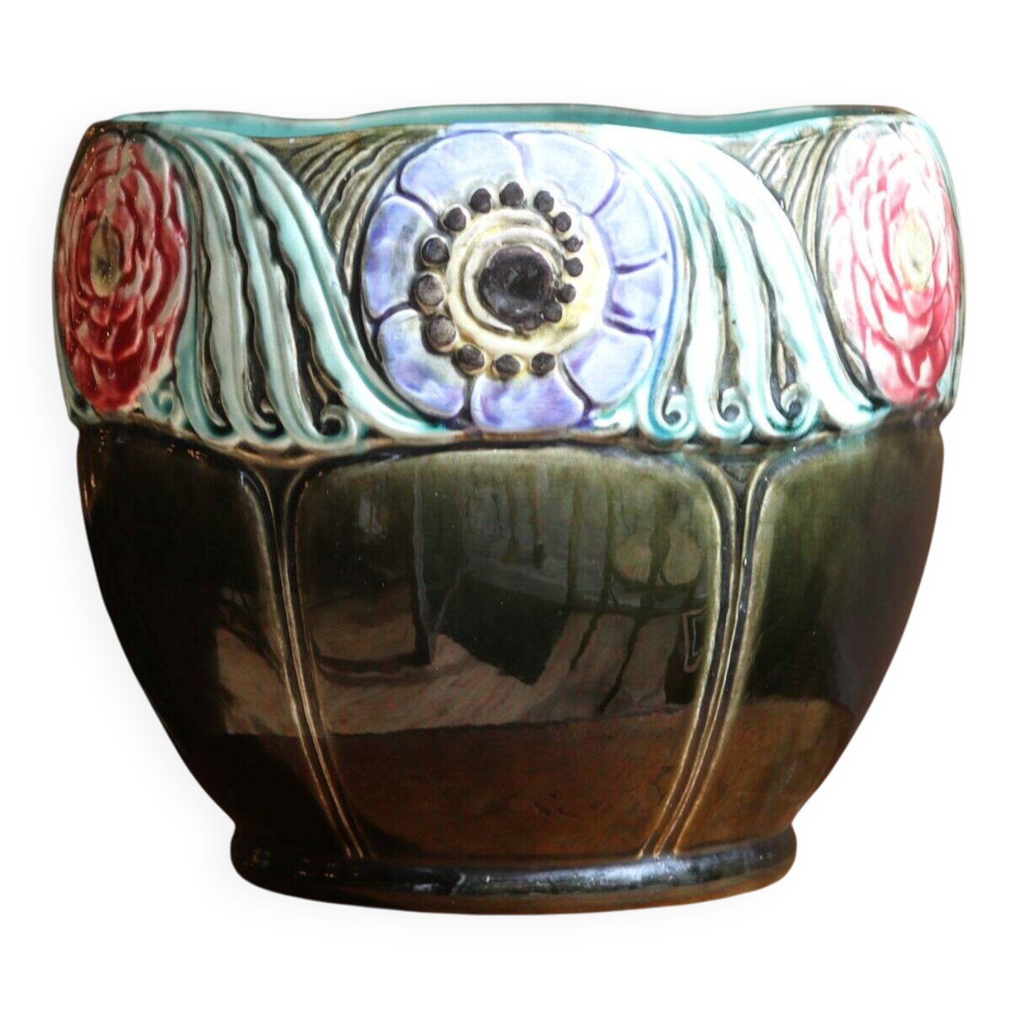 Large Art Deco cachepot in glazed earthenware, Orchies (Moulin des Loups), circa 1925.