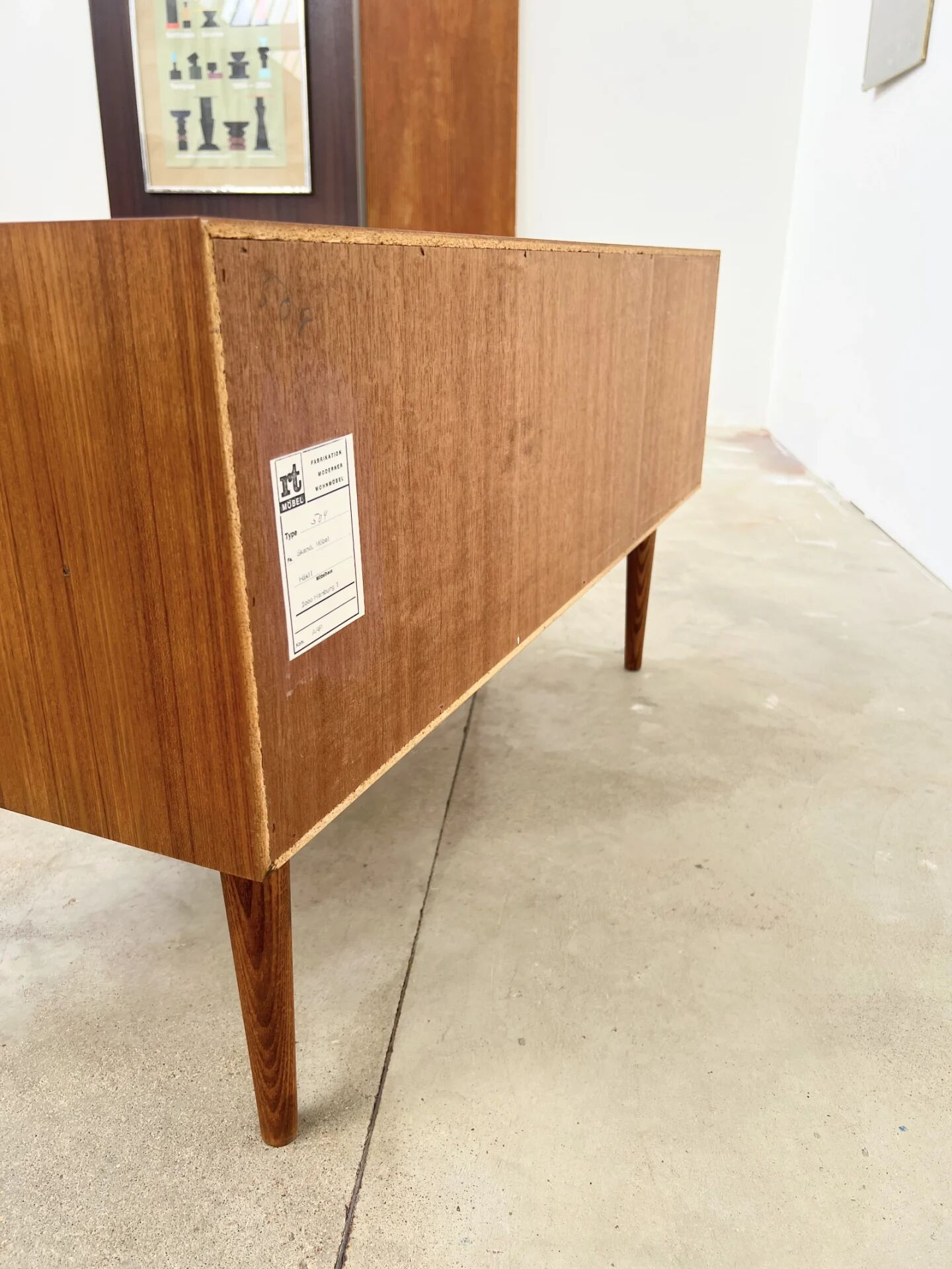 Lowboard teak 4 drawers — Mid-century lines, tapered legs, 1960s