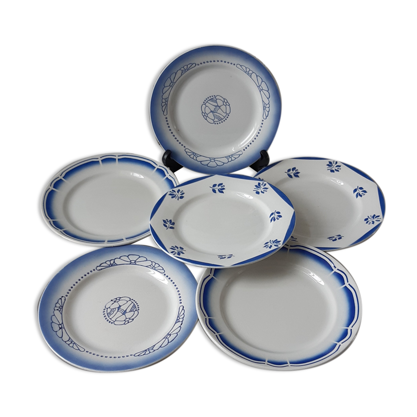 Set of 6 flat plates Digoin and Badonviller blue 30s