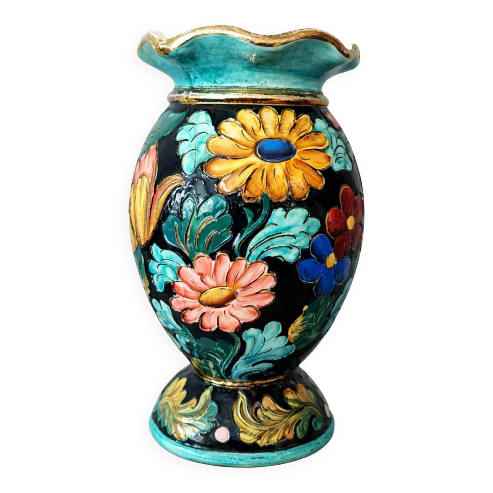 Large Vallauris vase signed JTF = F – 31 cm – polychrome floral decoration