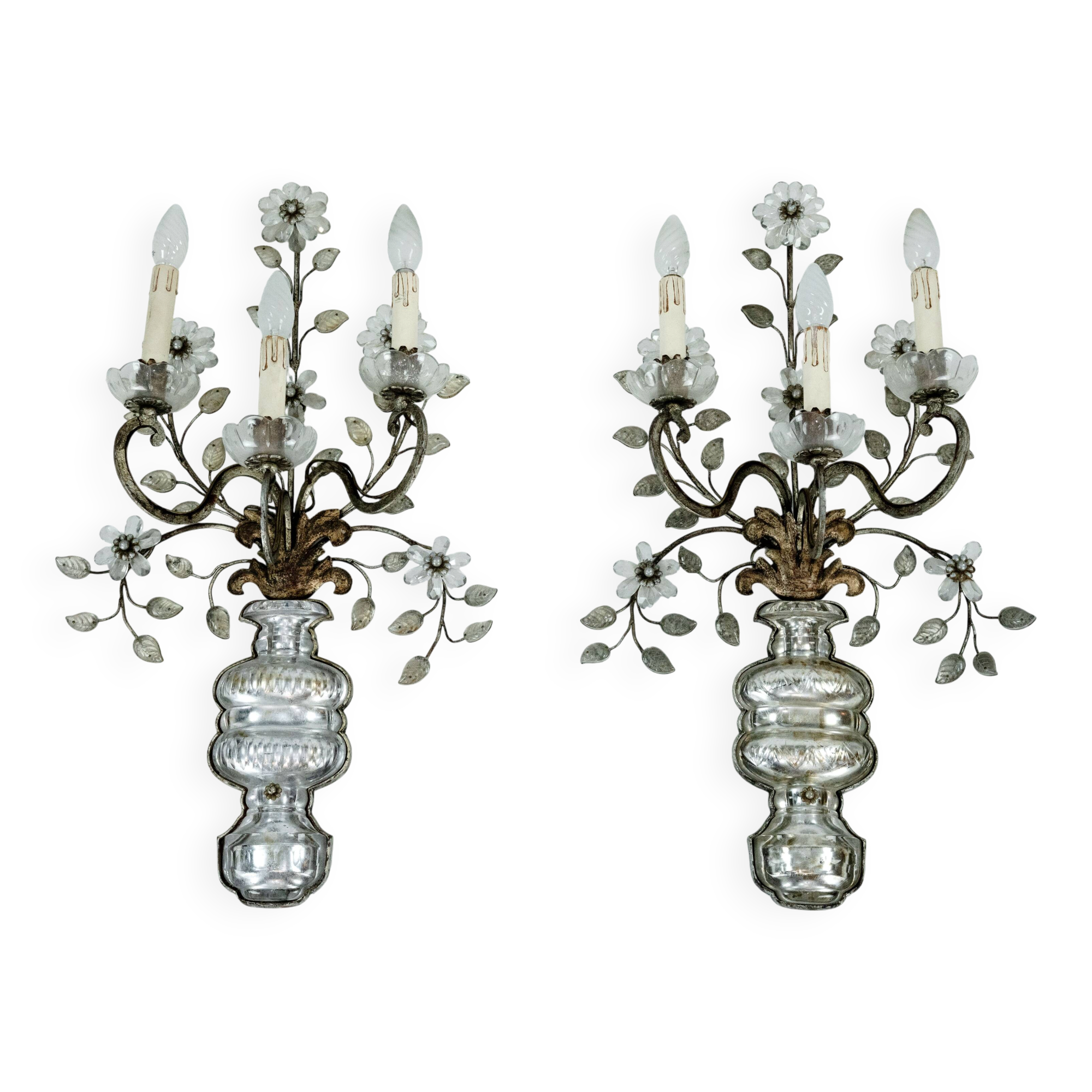 Pair French Maison Bagues Crystal Bronze Sconces, 1960s
