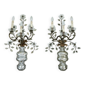 Pair French Maison Bagues Crystal Bronze Sconces, 1960s