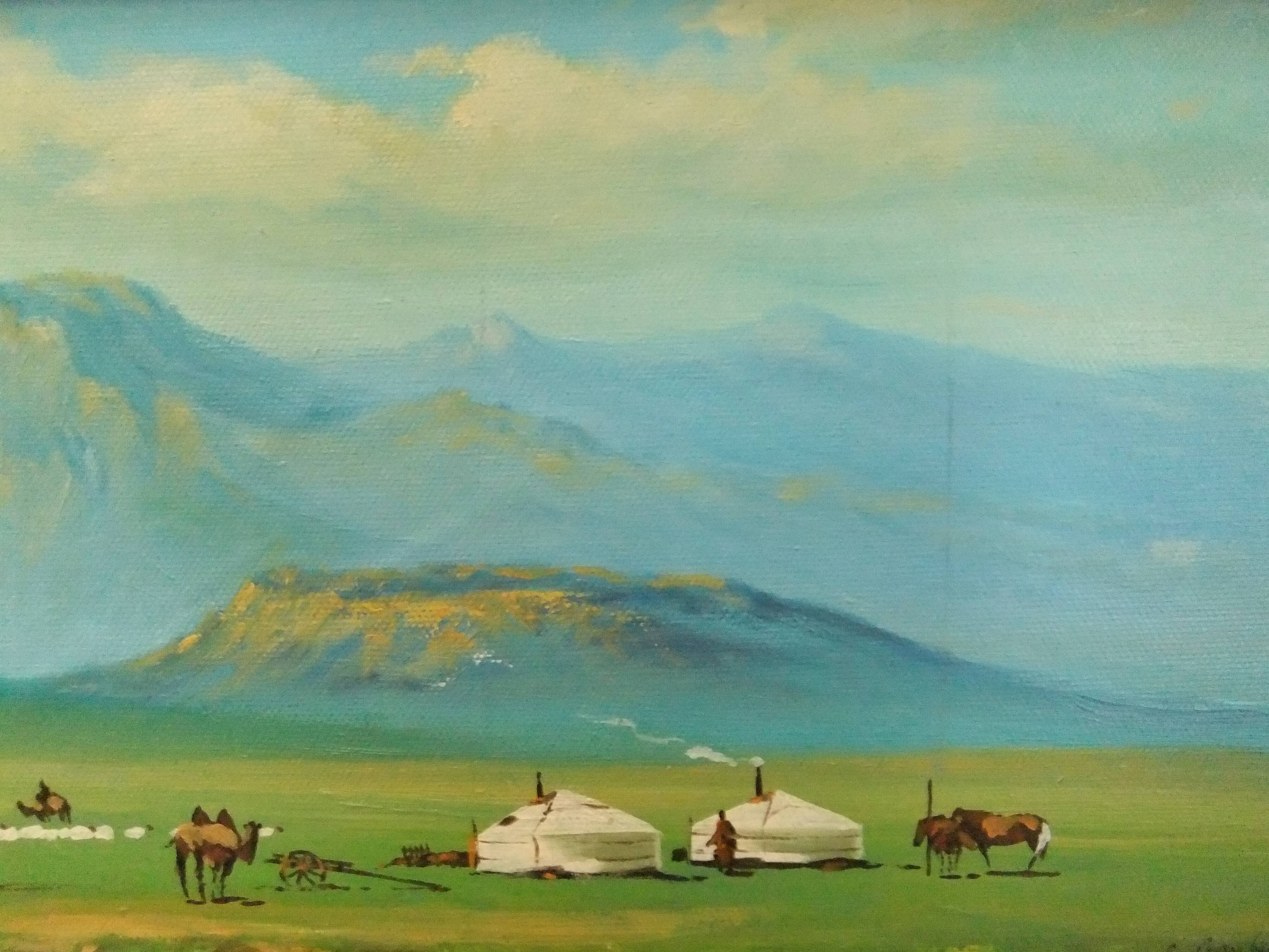 Tableau paysage Mongolie Signé cadre doré