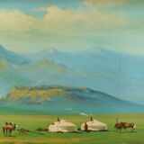 Mongolia landscape painting Signed golden frame