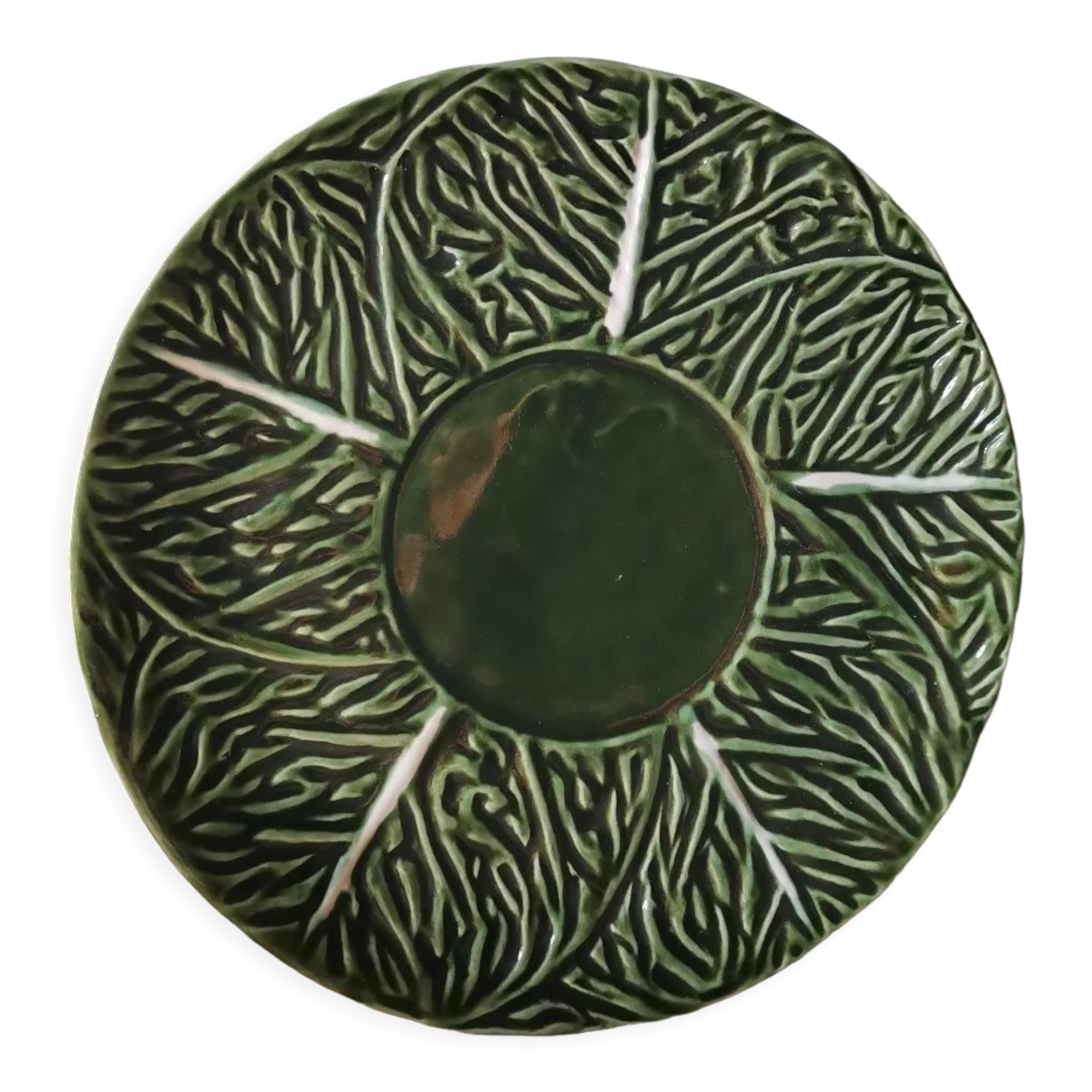 Large ceramic dish green slurry vintage cabbage leaf